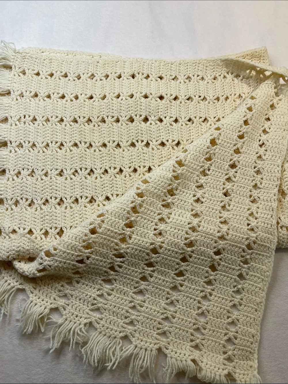 Handmade Cream Crochet Throw Blanket with Fringe 40 X 58 inches
